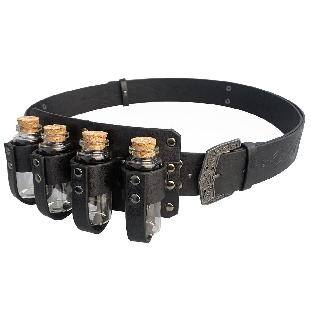 1755 Medieval Embossed Alchemy Faux Leather Buckle Belt with 4 Cork Vials